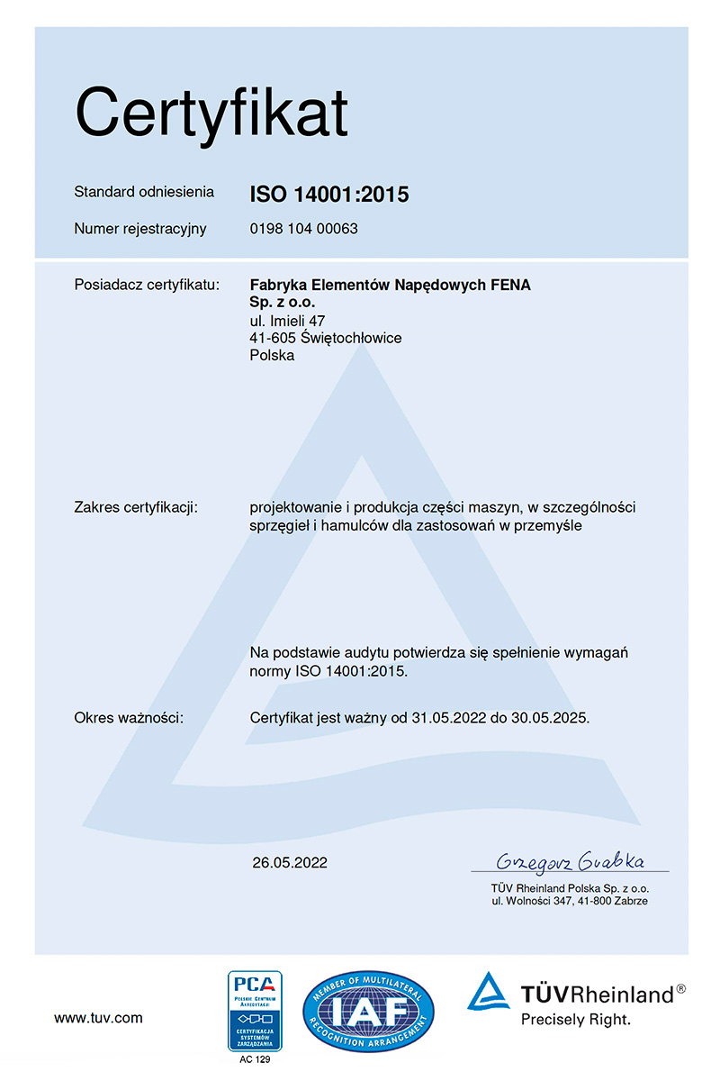Certyfikat zgodności Zintegrowanego Systemu Zarządzania Jakością i Zarządzania Środowiskowego z wymaganiami normy EN ISO 14001:2015